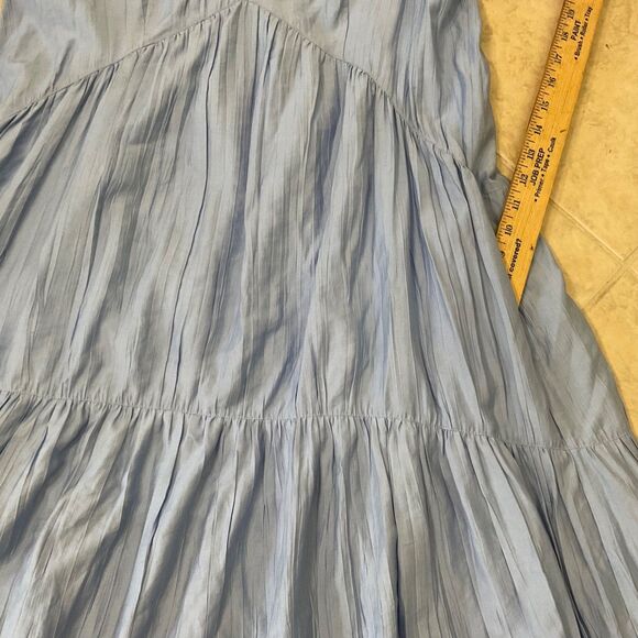 FRAME Shirred  V-Neck Puff Sleeves Midi Dress women’s S Blue part lined Tiered* - Picture 10 of 12